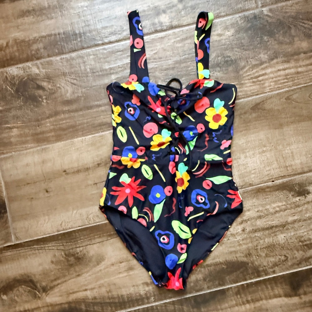 Onia Raquel Floral Square Neck Lace-up One-piece Swimsuit, Black Multi, XS